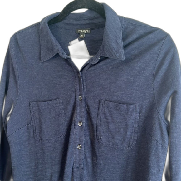 Talbots Navy Cotton Blend Button 3/4 Sleeve Shirt Dress Chest pockets Size Med - Picture 9 of 12